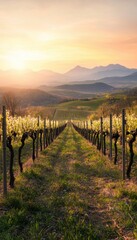 Fototapeta premium Scenic Vineyard with Budding Vines and Rolling Hills at Sunrise Ideal Rural Background for Spring Designs