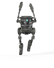 coolest robot is jumping up in white background on front view