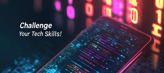 Coding Quiz App Interface with Glowing Binary Patterns for Tech Skill Challenges