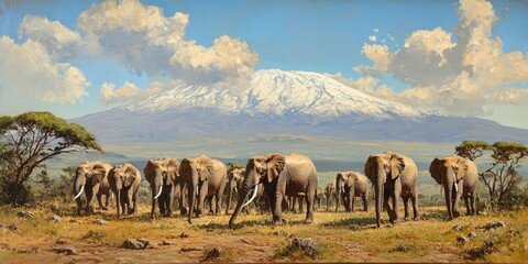 Majestic African Elephants Herd Under Kilimanjaro's Shadow in Vibrant Safari Landscape