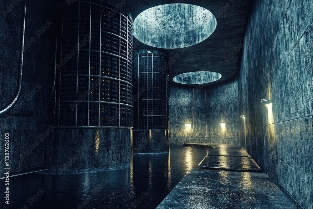 Poster 3d visualization of a shadowy web server set in an industrial atmosphere