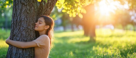 A young woman lovingly hugs a tree in a lush green park, celebrating Earth Day amidst vibrant nature and warm sunlight on a bright spring afternoon