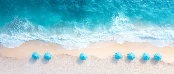 Obraz premium Turquoise waves gently lap against the warm sandy beach while colorful umbrellas provide shade under the bright sunlight in Brazil's coastal paradise