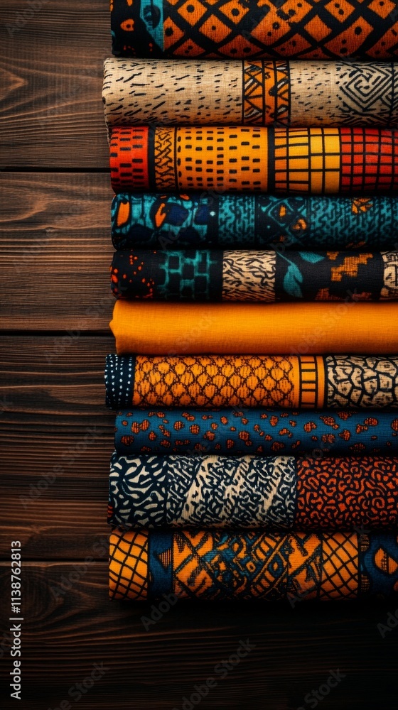 Poster a collection of colorful african fabric arranged in a neat stack reveals detailed patterns and textu