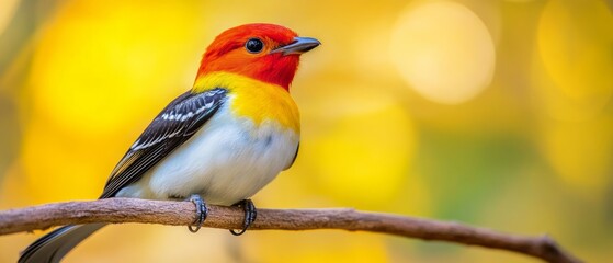 Fototapeta premium A colorful jungle bird rests on a branch surrounded by lush greenery, showcasing its vivid plumage in warm golden light of late afternoon