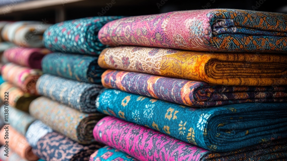 Poster a colorful array of african fabric rolls is neatly stacked in a market, showcasing various intricate