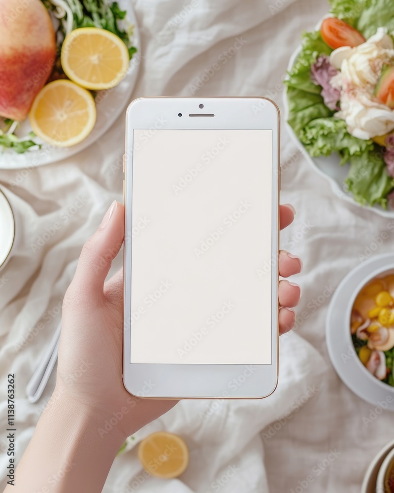 Poster mockup of hand-held smartphone featuring an empty white display for app design and advertising