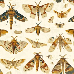 Fototapeta premium Seamless Fantasy Pattern of Moths and Butterflies: Light Beige and Amber in a Whimsical Steampunk Style with Organic Textures and Bloomsbury Aesthetics.