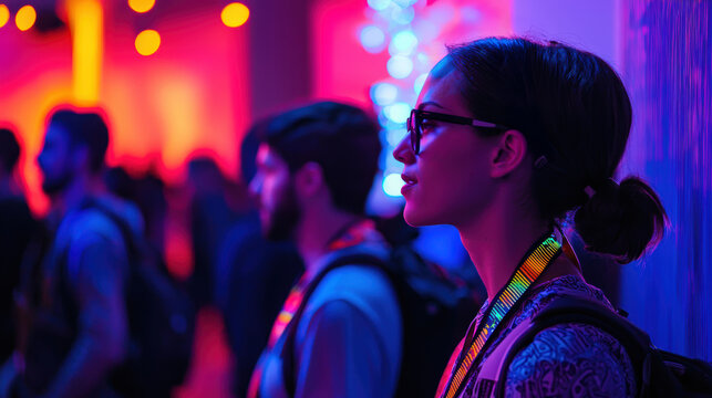 Vibrant Tech Startup Gathering with Bold Lanyards and Creative Badge Designs