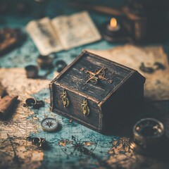A vintage wooden box surrounded by maps, compasses, and a candle.