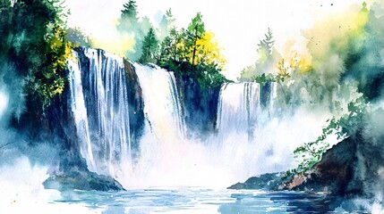 Waterfall Landscape Painting: Serene Nature in Watercolor