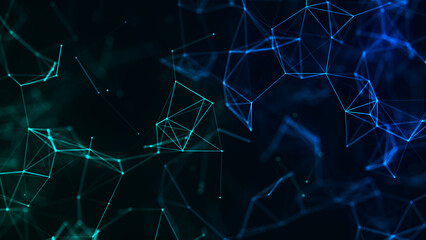 Abstract digital connection moving dots and lines. Technology background. Network connection structure. Dark background. Digital background. Colored polygonal space. 3D rendering.