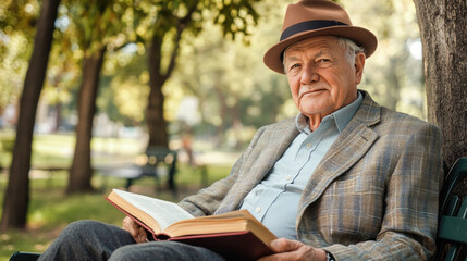 Elderly caucasian man reading a book in park