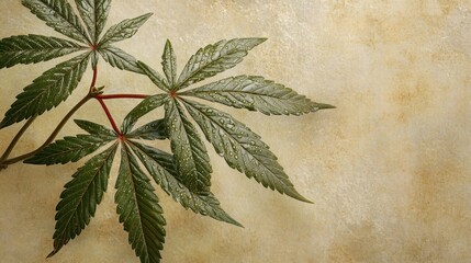 Marijuana leaves with water drops on a textured background.