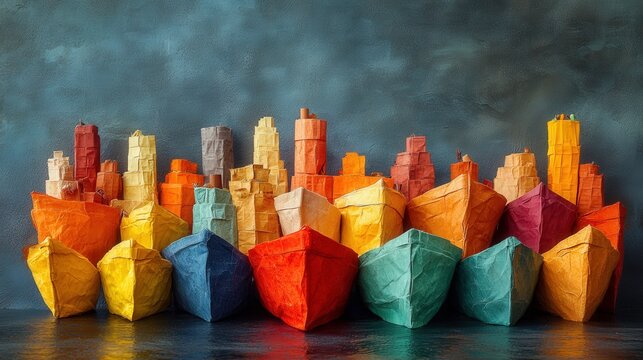 Colorful Paper Boats and Cityscape Structure on Reflective Surface, Artistic Creation with Vibrant Colors Representing Imagination and Creativity