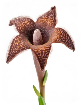 Close up of a stapelia gigantea flower in full bloom, showcasing its unique brown and patterned petals against a white backdrop