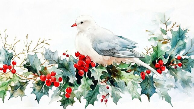 White Dove on Holly Branch: A Watercolor Christmas Painting
