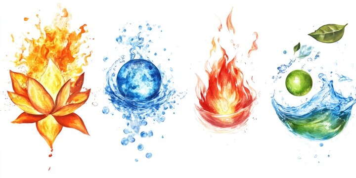 Essence of Existence: The Five Fundamental Elements in Yoga, Representing Space, Air, Earth, Fire, and Water Against a Pristine White Backdrop