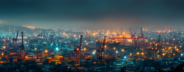 Urban port at night with vibrant lights and bustling activity captured in a busy shipping area