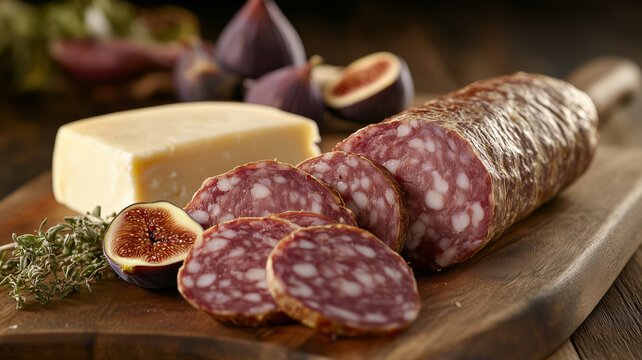 Enjoying lukanka sausage, cheese, and figs on a charcuterie board