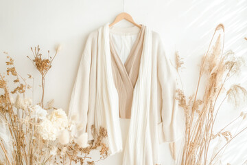Elegant beige and white outfit hanging amidst dried floral arrangement