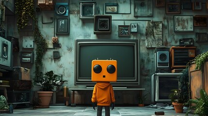 Robot character in retro-styled room with monitors