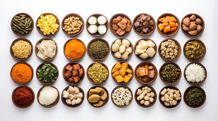 An assortment of traditional Indian foods displayed on a white surface, seen from a top view