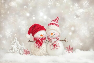 Two cute snowmen wearing red and white scarves and hats enjoying winter wonderland