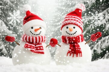 Two cute snowmen wearing red and white clothes enjoying winter wonderland