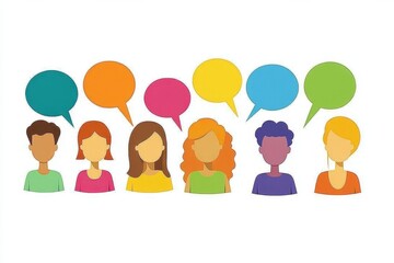 A flat illustration of diverse people having a conversation with speech bubbles, in a art style, on a white background Generative AI