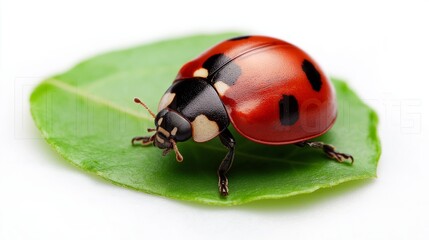 Close-up of a ladybug resting on a green leaf against a white background