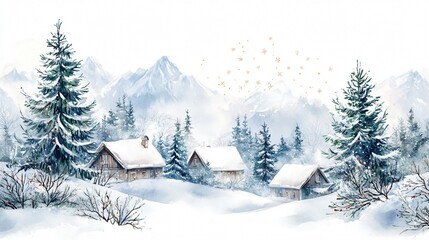 Fototapeta premium Enchanting Winter Wonderland: Cozy Cabins Nestled in Snowy Mountains