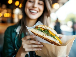 Happy woman holding a delicious sandwich in a paper bag