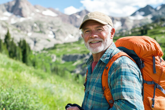 Mature caucasian male hiker enjoying a mountain adventure in scenic landscape