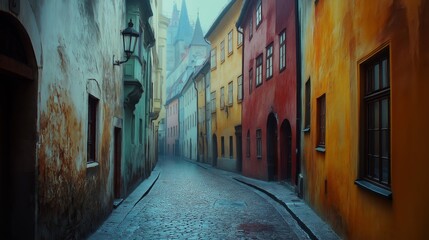 Fototapeta premium A narrow cobblestone street lined with colorful buildings in a misty atmosphere