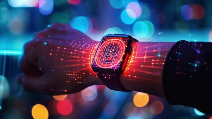 This hand with a smartwatch shows colorful digital therapy metrics against a city backdrop. - Powered by Adobe