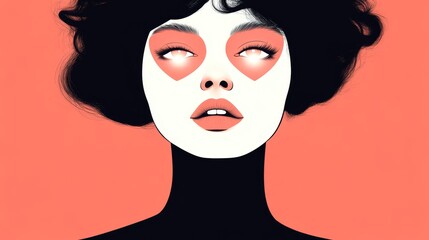 A minimalistic illustration of a simplified human face with bold colors and stylized features against a coral background