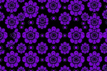Fototapeta premium Purple Floral Pattern: A captivating seamless pattern featuring vibrant purple flowers on a black background. The design evokes a sense of sophistication and elegance.
