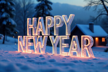 Icy and frosty 3D greeting HAPPY NEW YEAR! against cold winter landscape