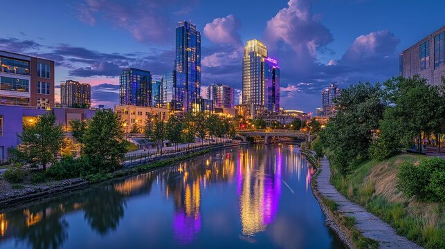Vibrant evening skyline of downtown denver reflecting in calm river waters.