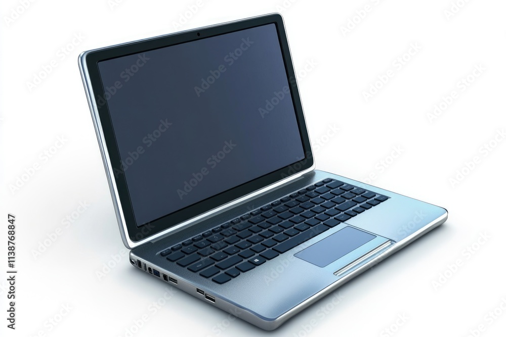 Poster three-dimensional laptop displaying blank screen isolated on white background