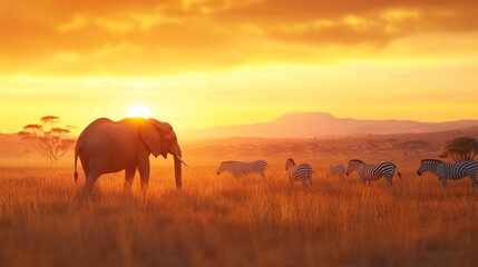 Tranquil Savanna Sunset with Elephant and Zebras Roaming the Grassy Plains