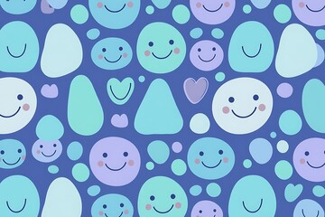 Fototapeta premium Happy Faces Pattern: A playful and vibrant pattern featuring cheerful smiley faces in various shades of blue and purple, perfect for adding a touch of joy and whimsy to any design. 