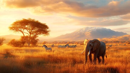 Sweeping Savanna Landscape with Elephants and Zebras Under a Golden Sunset