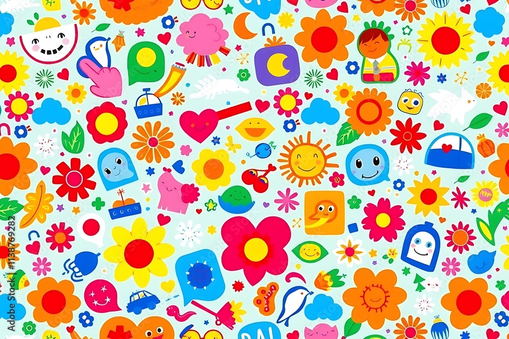 Poster joyful doodle pattern: a vibrant and cheerful seamless pattern bursting with color and playful illus