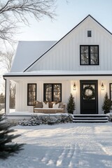 Snow-Covered Modern Farmhouse with Holiday Decor