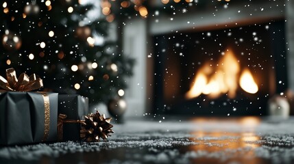 Cozy Christmas Scene with Gifts, Tree, and Fireplace