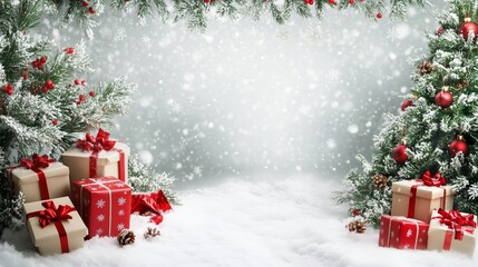 Christmas Gift Boxes on Snowy Ground with Festive Trees