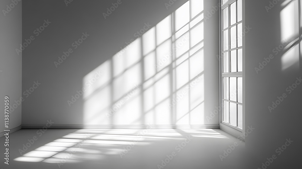 Poster gray window shadows and light blur creating an abstract background on a white wall.