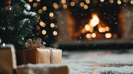 Cozy Christmas Scene with Gifts, Tree, and Fireplace